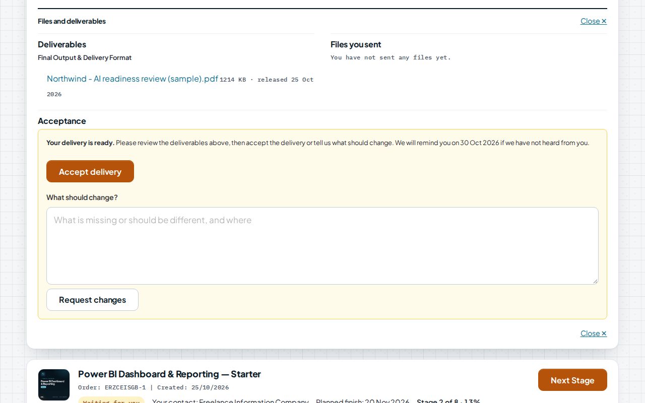 Deliveries arrive in their stage: review the files, then accept or ask for changes.